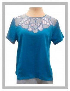 Camiseta mujer corta azul con retales Lili Dudu 1091