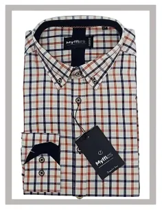 Camisa de hombre viella en crema de cuadritos azul y naranja Mod-29
