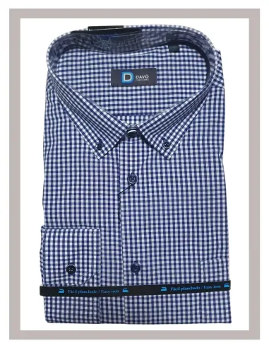 Camisa de hombre larga con cuadrito vichy azul marino DAVO 806